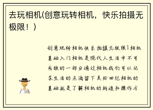 去玩相机(创意玩转相机，快乐拍摄无极限！)